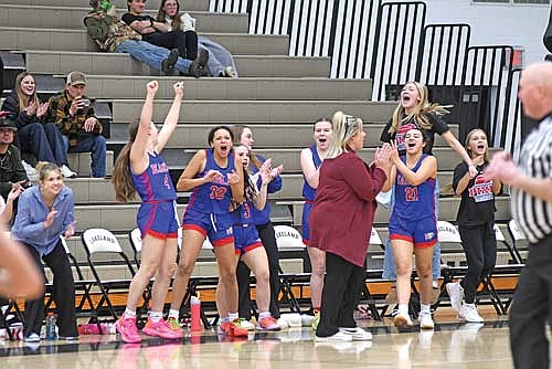 The Northland Pines Eagles celebrate their 55-46 victory over Lakeland Tuesday, Jan. 6 at Ted Voigt Court in Minocqua. It was the Eagles’ first win over the Thunderbirds since Feb. 27, 2014. (Photo by Brett LaBore/Lakeland Times)