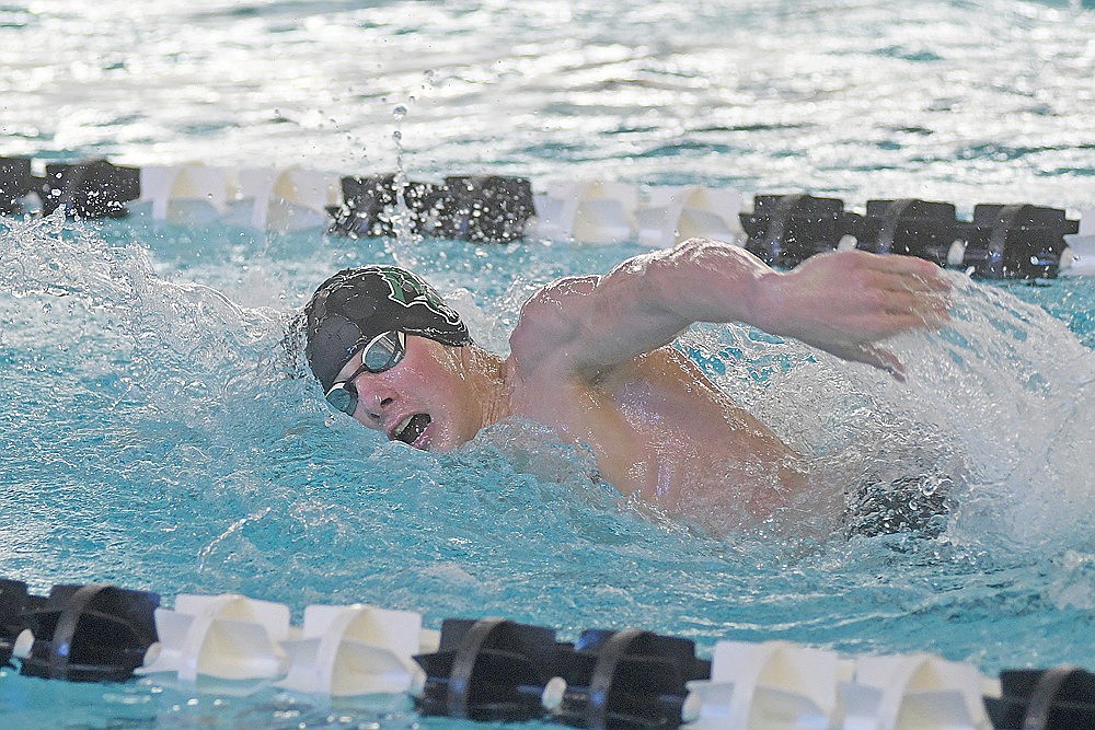Rhinelander’s Dean Gillingham competes in the 200-yard freestyle during a GNC boys’ swim meet against Lakeland in Minocqua Thursday, Jan. 8. Gillingham won four events on the night as the Hodags won the dual, 137-11. (Bob Mainhardt for the River News)
