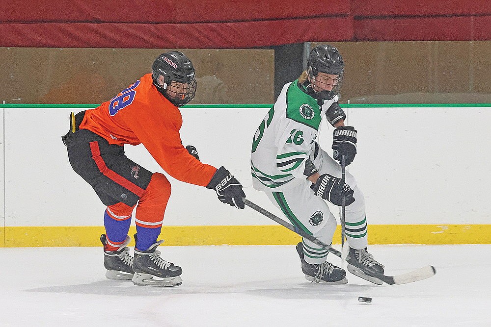 Rhinelander’s Dylan Shefveland taking control of the puck in front of Medford’s bench during the second period of a GNC boys’ hockey game in Medford Thursday, Jan. 8. (Matt Frey/Star News)