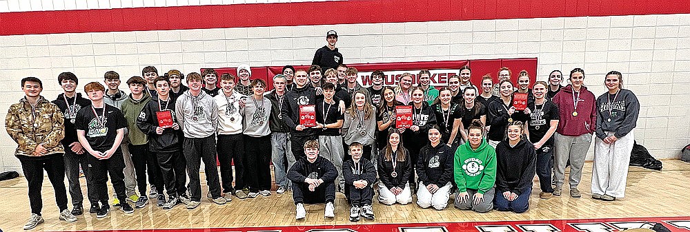Members of the Rhinelander High School powerlifting club pose with their medals and plaques after winning at meet in Wausaukee Saturday, Jan. 11. (Contributed photograph)