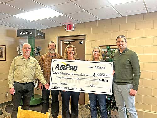 Those present for the check presentation, from left, are Marty Mathews (EVP) and Sean Codere (operations) of AirPro; Gina Heck (board member) and Janet Jamison (president) of the Rhinelander Community Foundation; and Keith White Jr. (president) of AirPro. (Contributed photograph)
