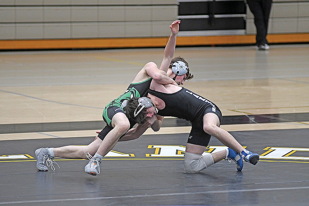 Rhinelander’s Ivan Loka looks to turn Lakeland’s Landon Gray-Ives during a GNC boys’ wrestling dual in Minocqua Thursday, Jan. 15. Loka won the match by technical fall. (Brett LaBore/Lakeland Times)
