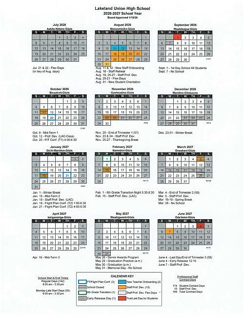 LUHS school calendar approved by the board of education at its meeting on Jan. 19 in Minocqua. (Contributed image)