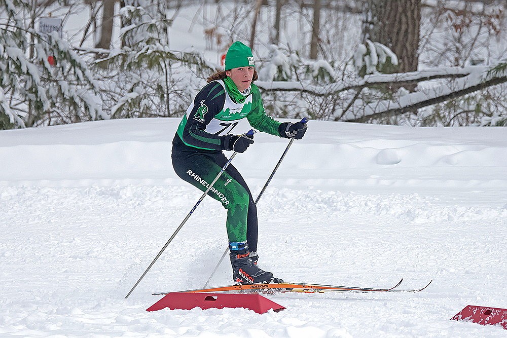 Hodag Nordic’s Aaron Calhoun turns the final corner and heads to the finish line of the Hodag Challenge classic race at the Cedric A. Vig Outdoor Classroom in Pelican Saturday, Jan. 17. (Contributed photograph)