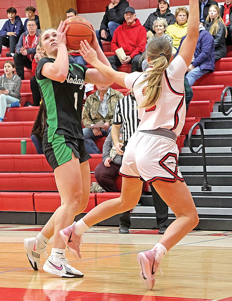 Rhinelander’s Aubryn Clark puts up a shot, guarded by Medford’s Aliyah Pilgrim during the final seconds of a GNC girls’ basketball game in Medford Thursday, Jan. 22. Clark’s runner was no good as the Hodags, down by 17 with four minutes left, fell to the Raiders, 53-51. (Jeremy Mayo/River News)