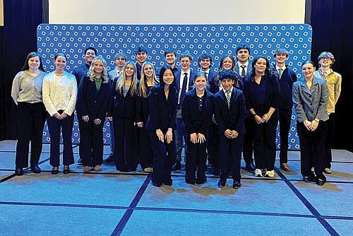 Twenty members of the Rhinelander High School’s DECA chapter competed at the Wisconsin DECA District II competition Monday, Jan 19 in Wisconsin Rapids. Pictured in the front row, from left to right are Katie Tran, Addy Strobel and Juan Diego Grage. In the second row are Amelia MacIntyre, Lexi Terzinski, Kaylee Steinmetz, Mackenzie Paulson, Madalyn Paulson, Hank Kowieski, Alexa Segovia, Emmaline Kramsvogel and Clara Pudlowski. In the back row are Dom Hakala, Grant Gremban, Kamden Kostrova, Soren Dumar, Josh Haselton, Sam Caselton, Roan Childs and Stephen Meinert. (Contributed photograph)
