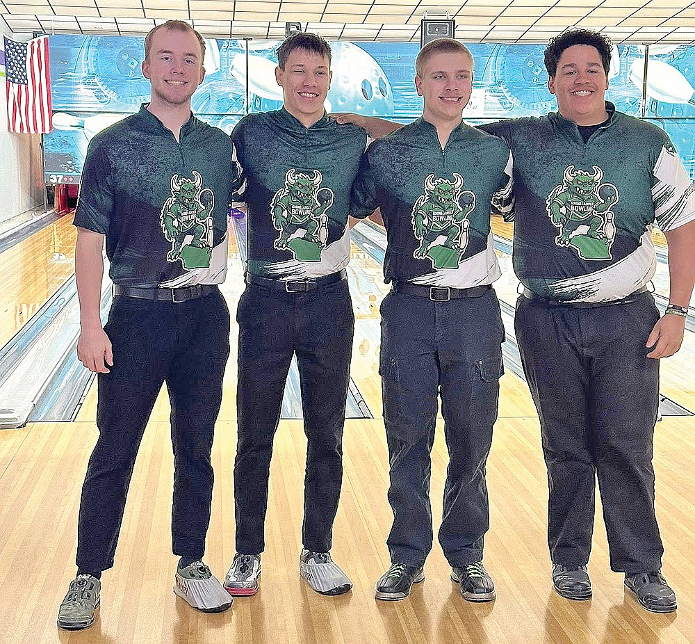 Rhinelander Area Youth Bowling Club seniors, from left to right Blake Klingen, Jackson Fuss, Leander Sprecksel and Dominic Hakala pose for a photograph after being recognized on senior day prior to BCAW District 9 play in Weston Sunday, Feb. 1. (Contributed photograph)