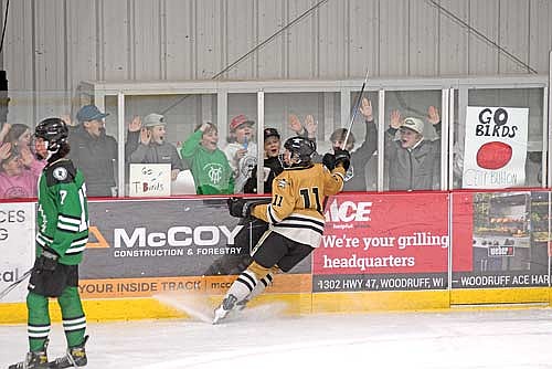 Colton Berray celebrates his goal in the third period of a conference game against Rhinelander Tuesday, Feb. 3 at the Lakeland Hawks Ice Arena in Minocqua. Berray’s goal proved to be the game-winning score. (Photo by Brett LaBore/Lakeland Times)