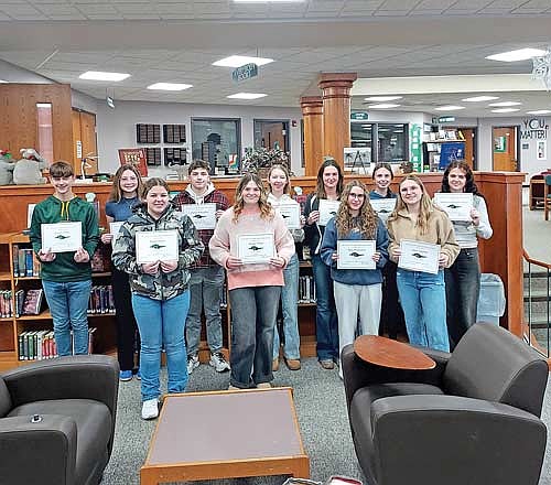 Pictured, front row, from left, Isayah Vassar (Physical Education), Kadyn Taylor (English), Abigale Ferge (Science), Basil Chiamulera (Math), Ms. Adamski (Staff of the Month). Back row, from left, Sophia Pearson (Fine Arts), Joshua Willoughby (Business/IT/Marketing), Adeline Olson (Social Studies), Skylarr Marten (Technology/Engineering/Manufacturing) Vayda Ives (World Language-Spanish), Adelaide Clemetson-Holgin (Family & Consumer Science). Not pictured, Vince White (World Language). (Contributed photograph)