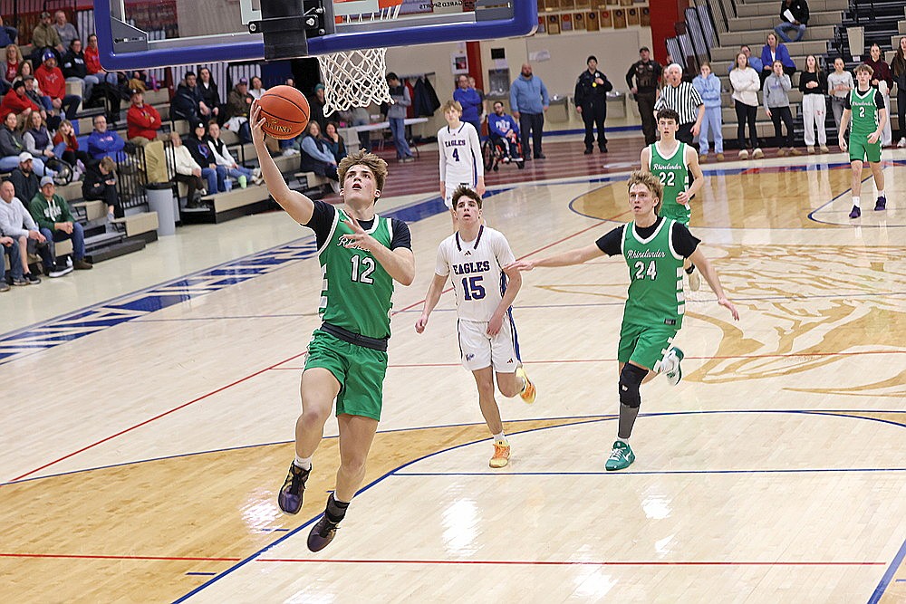 Rhinelander’s Rowan Wiczek drives for a layup during the second half of a GNC boys’ basketball game against Northland Pines in Eagle River Friday, Feb. 6. Rhinelander defeated the Eagles, 47-40. (Bob Mainhardt for the River News)