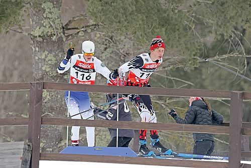 Colin McKinney, right, skis the skate technique during the Wisconsin Nordic Ski League State Distance Championships Sunday, Feb. 8 at Birkie Trailhead in Cable. McKinney ended up as Lakeland’s No. 3 skier in the individual point standings. (Photo by Jeremy Mayo/River News)