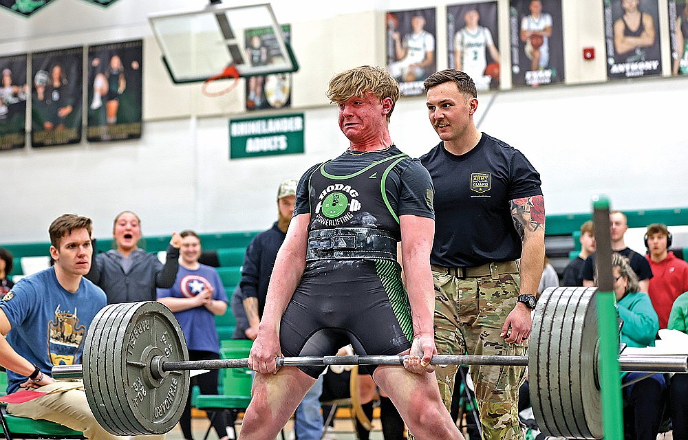 Jackson Waydick completes a dead lift during a WHSPA Region 6 meet at the Jim Miazga Community Gymnasium Saturday, Feb. 7. (Bob Mainhardt for the River News)