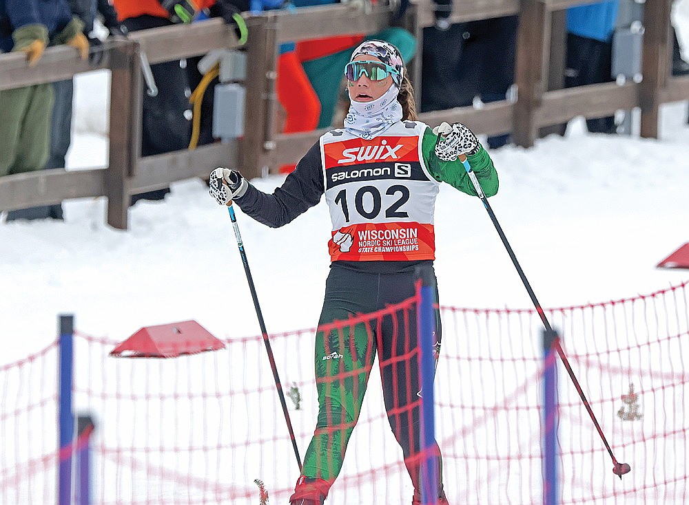 Hodag Nordic’s Kayla Skubal hits the finish line of the classic race during the WNSL State Distance Championships in Cable Saturday, Feb. 7. Skubal finished 44th overall for the weekend, leading the Hodag girls. (Contributed photograph)