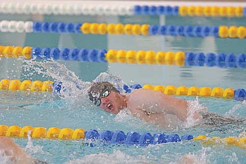 Silas Fetrow improves his time in the 200 freestyle during a WIAA Division 2 sectional meet Saturday, Feb. 14 at the Rice Lake Natatorium. Fetrow finished his season with personal bests in both the 100 and 200 freestyle events. (Photo by Jeremy Mayo/River News)