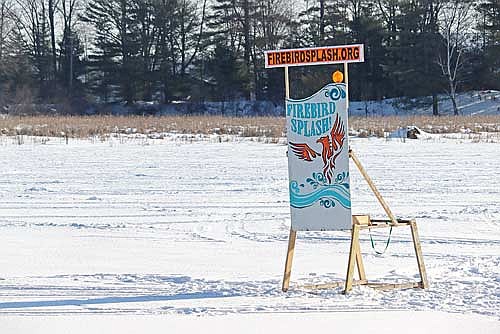 The MHLT Firebird Foundation has begun its second annual Firebird Splash Contest on Mill Pond. Participants guess when the ice melts and the sign with the Firebird on it between Kurt’s Islands Sports Shop and SaveMore falls in. (Photo by Kate Reichl/Lakeland Times)
