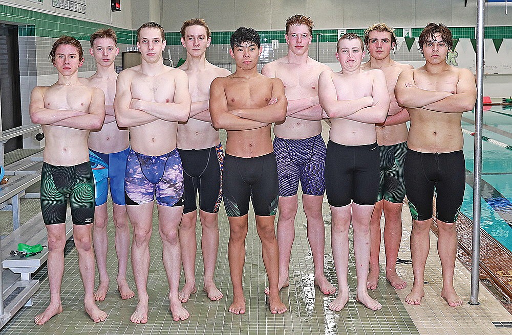 State qualifiers and alternates for the Rhinelander High School boys’ swim team pose for a photo Tuesday, Feb. 17 at the Heck Family Community Pool. Pictured in the front row, from left to right, are Matthew Wood, Judson O’Malley, Charlie Antonuk, Finn Thorsen (alternate) and Chris Larson. In the back row are Espen McMahon (alternate), Elias Simonsen, Kellen O’Malley and Daniel Meier. State qualifier Dean Gillingham was unavailable for the photograph. The WIAA Division 2 state meet takes place tonight in Waukesha. (Bob Mainhardt for the River News)