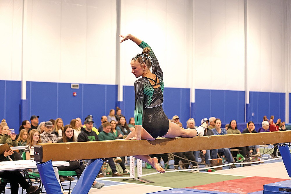 Rhinelander’s Emeline Hintz competes on balance beam during a GNC Small dual meet against Mosinee at the Beck Family YMCA Thursday, Feb. 12. The Hodags seek their first GNC Small division championship since 2018 Saturday during the conference meet in Minocqua. Individually, Hintz has the second-best average in the GNC Small on the balance beam, the floor exercise and the individual all-around. (Bob Mainhardt for the River News)