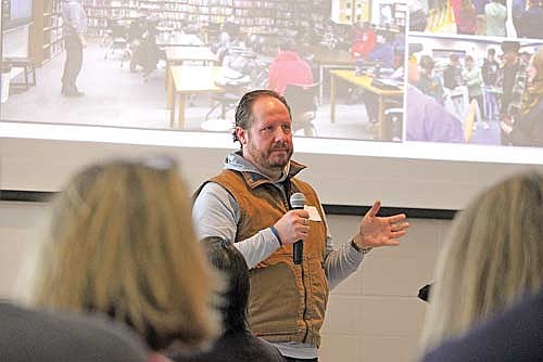 Local business owner Bill Fricke addresses the crowd during a community breakfast at LUHS on Monday, Feb. 16, in Minocqua. (Photo by Trevor Greene/Lakeland Times)