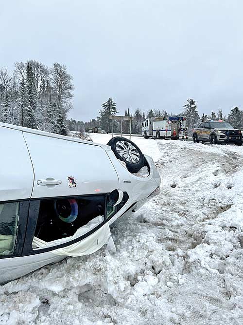Nikki Adams’ Toyota Prius made a dramatic exit from slushy U.S. Highway 8 Wednesday morning in Pelican. (Contributed photograph)