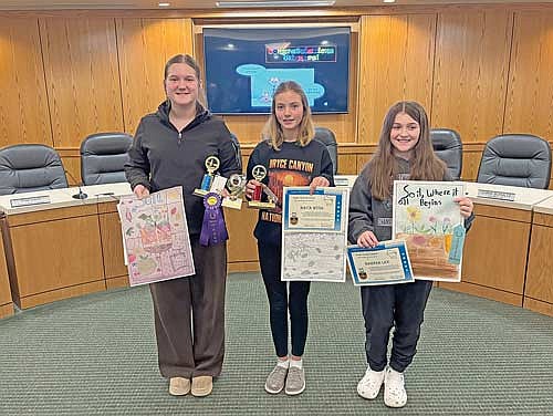 Awarded Best of Show honors on the local level, the poster of JWMS seventh-grader Makenzie Metzer, left, is now in the state-level contest. The poster of Baya Wyss, center, was second in the seventh-grade category. Harper Lee, right, received honorable mention in the sixth-grade category. (Contributed photograph)