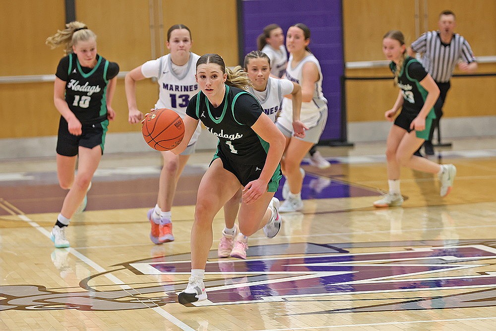 Rhinelander’s Aubryn Clark races up the floor after getting a steal during the second half of a WIAA Division 2 regional final playoff game at Marinette Saturday, Feb. 28. Clark was voted as the Great Northern Conference’s girls’ basketball player of the year, the conference announced Monday.