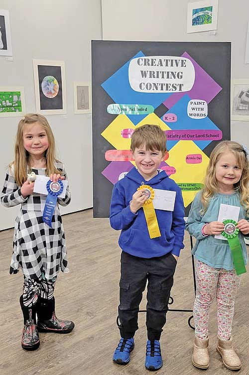 Among the cash prize winners in the Rhinelander GFWC Woman’s Club’s recent K-12 writing contest were, from left, Kalia Davidson, Simon Ory and Ellie Scheuermann, who entered Class 1 Short Story and finished first, honorable mention and third, respectively. Davidson was also third in Class 1 Poetry. (Contributed photograph)