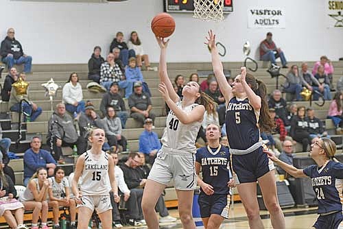 In this Feb. 13, 2026 file photo, Ava Evenhouse makes a shot against the defense of Tomahawk’s Freya Alberg at Ted Voigt Court in Minocqua. Both Evenhouse and Alberg made first team all-conference, the third such time Evenhouse has earned the accolade in her prep career.
(Photo by Brett LaBore/Lakeland Times)