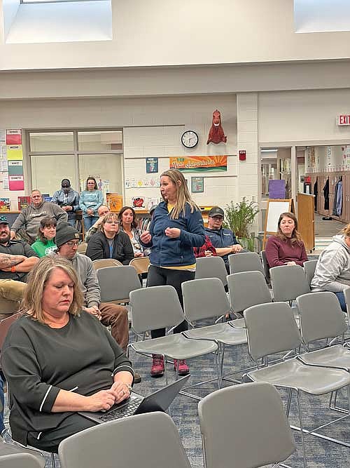 Tiffany Trainor takes an opportunity to speak during the March 9 meeting of the Arbor Vitae-Woodruff school board. (Photo by Brian Jopek/Lakeland Times)