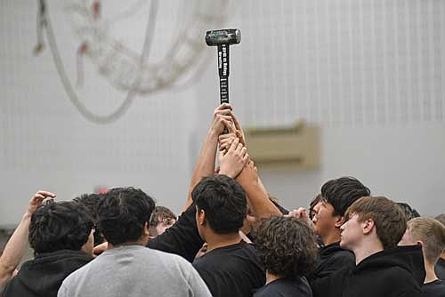 In this Jan. 15, 2026 file photo, the Lakeland boys’ wrestling team holds up the Handrick Hammer following a 58-23 win over the Hodags at the Lakeland Union High School fieldhouse in Minocqua. The Thunderbirds went 3-0 in home duals. (Photo by Brett LaBore/Lakeland Times)