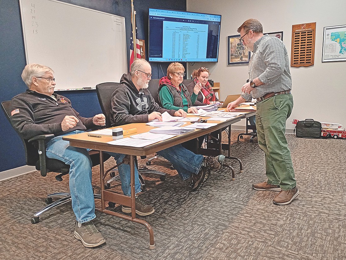 The Pine Lake town board receives enlarged printouts of city plans from Mark Barden of Town and Country Engineering, right, at their meeting March 18. (Photo by Ardith Carlton/River News)