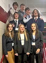Competing at the FBLA Regional Leadership Conference in Loyal were, from left, Rowan Guthrie, Callie Baker, and Addison Hagen; middle, Mason Krieg; back, Hunter Massignan, Max Plummer, Jett Christie, and Aidan Bauers. Not pictured but competing through testing before the event were Ethan Seeliger, Drew Seeliger, and Gavin Saunders. (Contributed photograph)