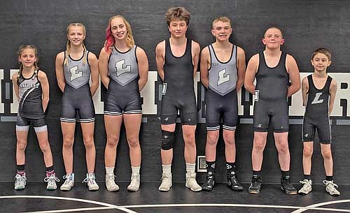 Lakeland Wrestling Club state qualifiers, from left, Zehner Robison, Kennedy Howard, Zia Amershek, Chandler Davids, Blake Timmons, Landon Hoban and Ryker Davids are set to wrestle in the state championship meet this weekend in Madison. (Contributed photograph)