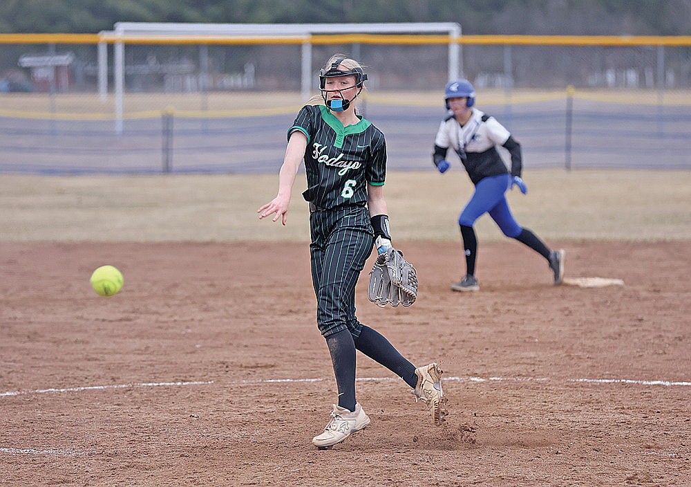 In this April 17, 2026 file photo, Rhinelander’s Aleece Johnson pitches during the sixth inning of a non-conference softball game at Three Lakes. Johnson, a sophomore, returns as one of the Hodags’ top pitching options this spring. She went 3-9 with an 8.73 ERA and 62 strikeouts over 51 1/3 innings last spring. (Bob Mainhardt for the River News)