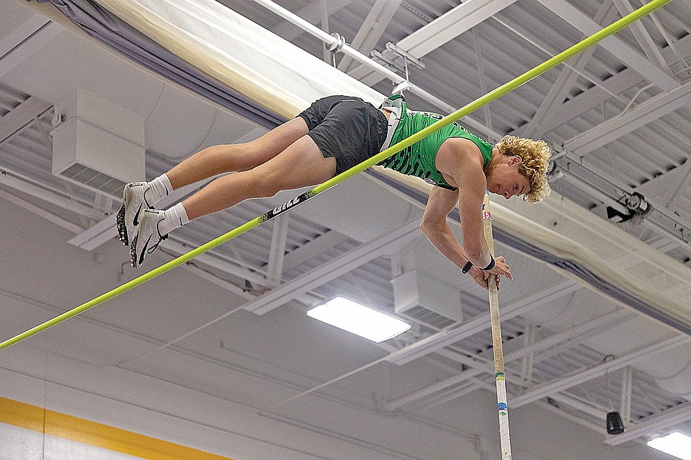 Rhinelander’s Ayden Myers clears a height in the pole vault during the Oredocker Large School Invite track meet in Ashland Tuesday, March 24. Myers won the event with a vault of 13 feet. (Blake Richard/River News)