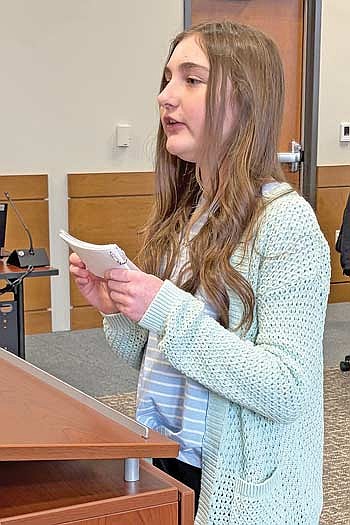 Delaney Darton of Eagle River gives her award-winning speech “Sustaining The Sacred Seed” before the Vilas County board on March 24. (Photo by Brian Jopek/Lakeland Times)