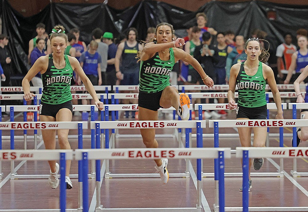 Rhinelander athletes, from left to right, Emeline Hintz, Aila Bergman and Alexis Smith compete in the 55-meter hurdles during the Northland Pines Indoor Invite in Eagle River Thursday, March 26. Bergman, Smith and Hintz finished 1-2-3 overall in the event for the Hodags. (Jeremy Mayo/River News)