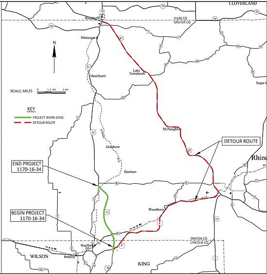 A map from the DOT website that shows the route of the 7.2 Hwy. 51 project in southern Oneida County to County Highway L. (Contributed image)