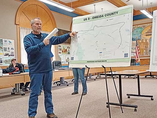 Bill Erickson of Musson Brothers explains the planned detour during WisDOT’s U.S. Highway 8 construction information meeting at Rhinelander City Hall last Thursday, April 2. (Photo by Ardith Carlton/River News)