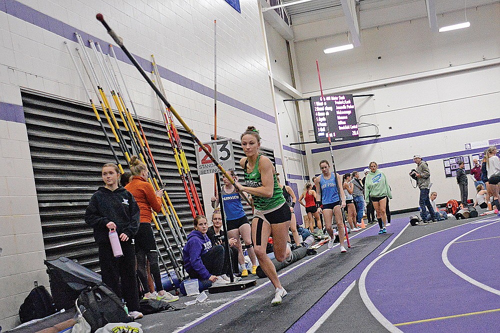 Rhinelander’s Emeline Hintz makes her approach in the pole vault during the WISTCA Indoor State Championships in Whitewater Saturday, April 4. Hintz tied for eighth in the event with a personal-best jump of 10 feet, 6 inches. (Contributed photograph)