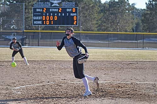 Britta Kemnitz strikes out a batter in the fourth inning of a conference game against Merrill Tuesday, April 7 at Lenz Field in Minocqua. Kemnitz made her first start of the season in the circle and gave up three earned runs in seven innings. (Photo by Brett LaBore/Lakeland Times)