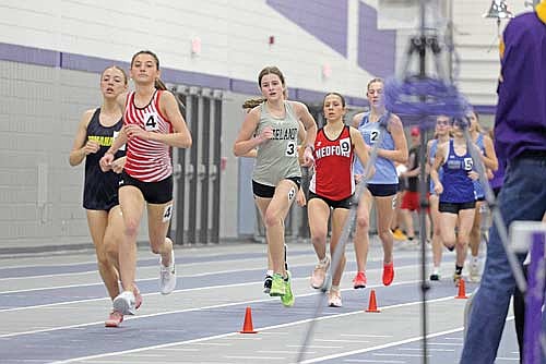Addison Eggen (3) runs in the freshman girls’ 1,600-meter run during the Point Indoor Distance Carnival Saturday, April 4 at the University of Wisconsin-Stevens Point. Eggen finished third with a time of 5:46.86. (Photo by Jeremy Mayo/River News)
