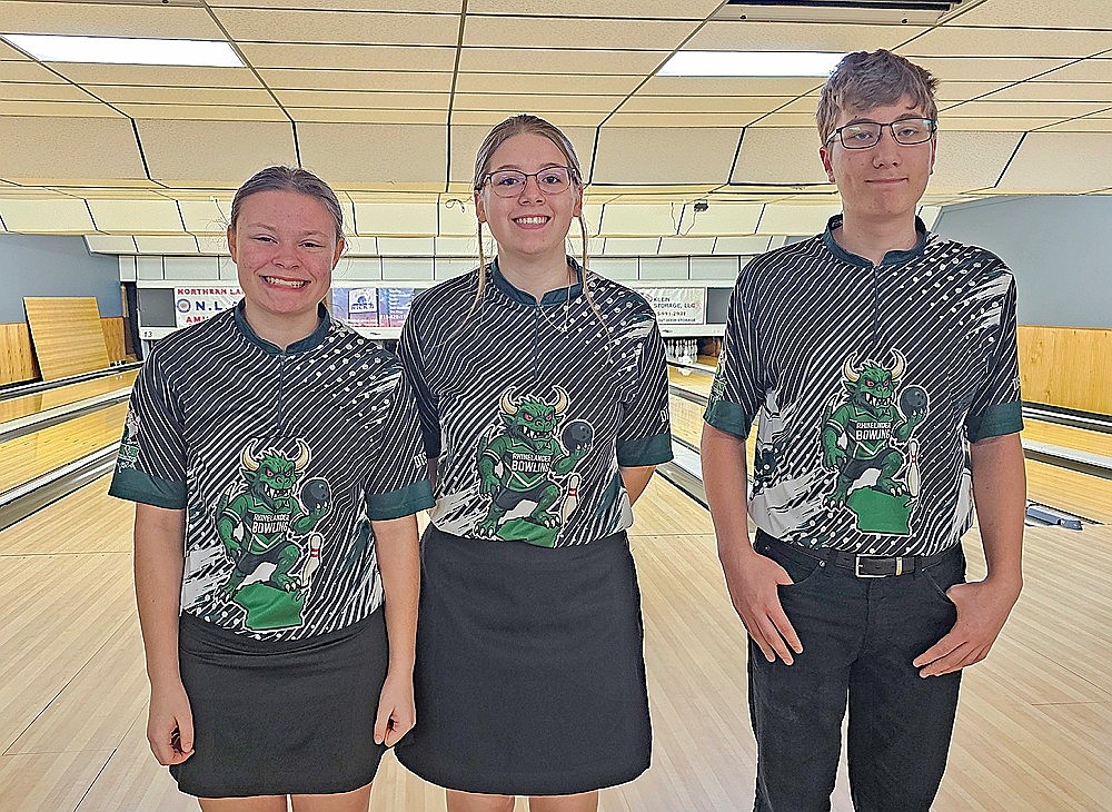 Eighth-graders on the Rhinelander Area Youth Bowling Club middle school team pose for a photograph following their final meet of the season Sunday, April 12 at Nick’s Hodag Lanes. Pictured, from left to right, are Natalie Dellenbach, Charlotte Preuss and Xane Kallio. Eighth-grader Maggie Campbell was unavailable for the photograph. (Contributed photograph)