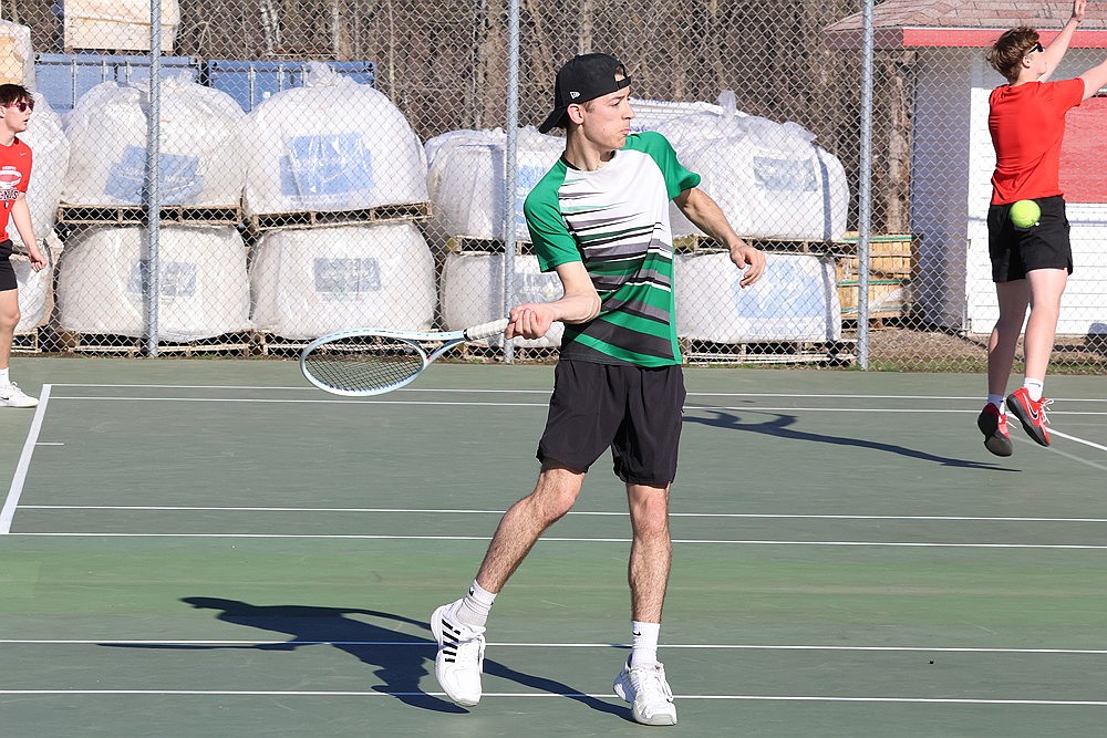 Rhinelander’s Asher Rivord plays a point during a GNC boys’ tennis match at Medford Thursday, April 16. Rivord won his match at No. 1 singles in a tiebreaker as part of a 4-3 victory over the Hodags. (Matt Frey/Star News)