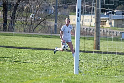 Lexi Gindorff follows the ball into the net for her second goal of the game in the second half of a 6-1 win over Shawano Monday, April 20 at Rush Niles Memorial Field in Bonduel. (Photo by Brett LaBore/Lakeland Times)