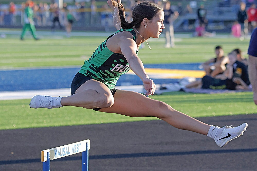 Rhinelander’s Marsadies Williams competes in the 300-meter hurdles during the Wausau West Outdoor Opener track meet in Wausau Tuesday, April 21. (Jeremy Mayo/River News)