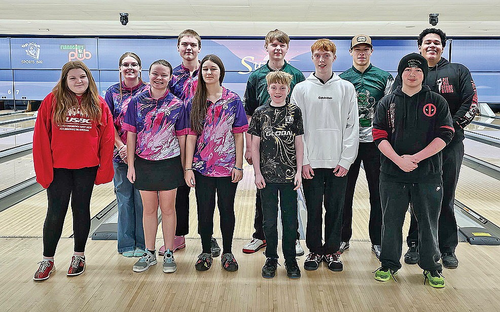 The Rhinelander Junior League Bowling that competed at the Wisconsin USBC Youth Championships, front from left, Haylee Anderson, Natalie Dellenbach, Alyssa Habeck, Trevor Freeman, Eli Miller, Logan Campbell. Back, from left, Charlotte Preuss, Oren Alsager, Charlie Duquaine, Jackson Fuss and Dominic Hakala. (Contributed photograph)