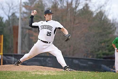 Justin Doud-Sero makes a pitch in the fourth inning of a conference game against Rhinelander Thursday, April 23 at the Lakeland Union High School baseball field in Minocqua. (Photo by Blake Richard/River News)
