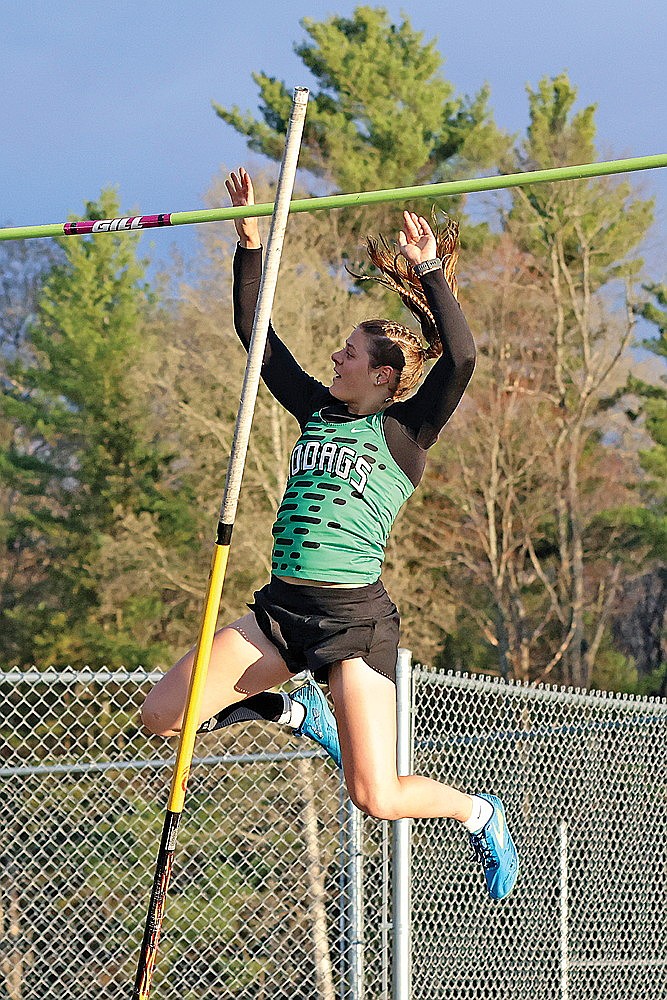 Rhinelander’s Macy Myers sets a new school record in the pole vault, clearing 11 feet, 6 inches, during the Eagle Relays track meet in Eagle River Friday, April 24. (Bob Mainhardt for the River News)