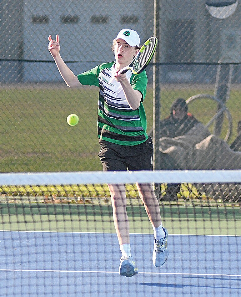 Rhinelander’s Calvin Loomis plays a point during a GNC boys’ tennis match against Lakeland Tuesday, April 28 in Minocqua. The Hodags swept singles in a 4-3 victory over the T-Birds. (Brett LaBore/Lakeland Times)