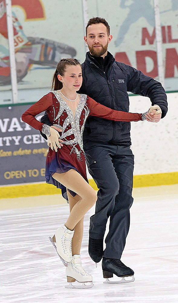 Zoey Gauthier tests in the Cha-Cha dance skate bronze level with professional skater Jake Fearnley, Saturday, April 18. Gauthier passed her test and also passed her skating skills preliminary.